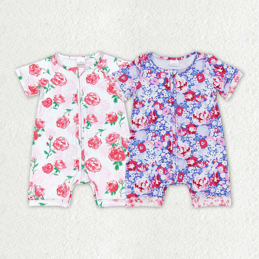 Baby Girl Infant Short Sleeves Flower Zipper Sibling Clothes Romper RTS