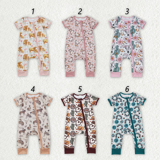Baby Boy Girl Short Sleeves Western Cows Sibling Zipper Romper