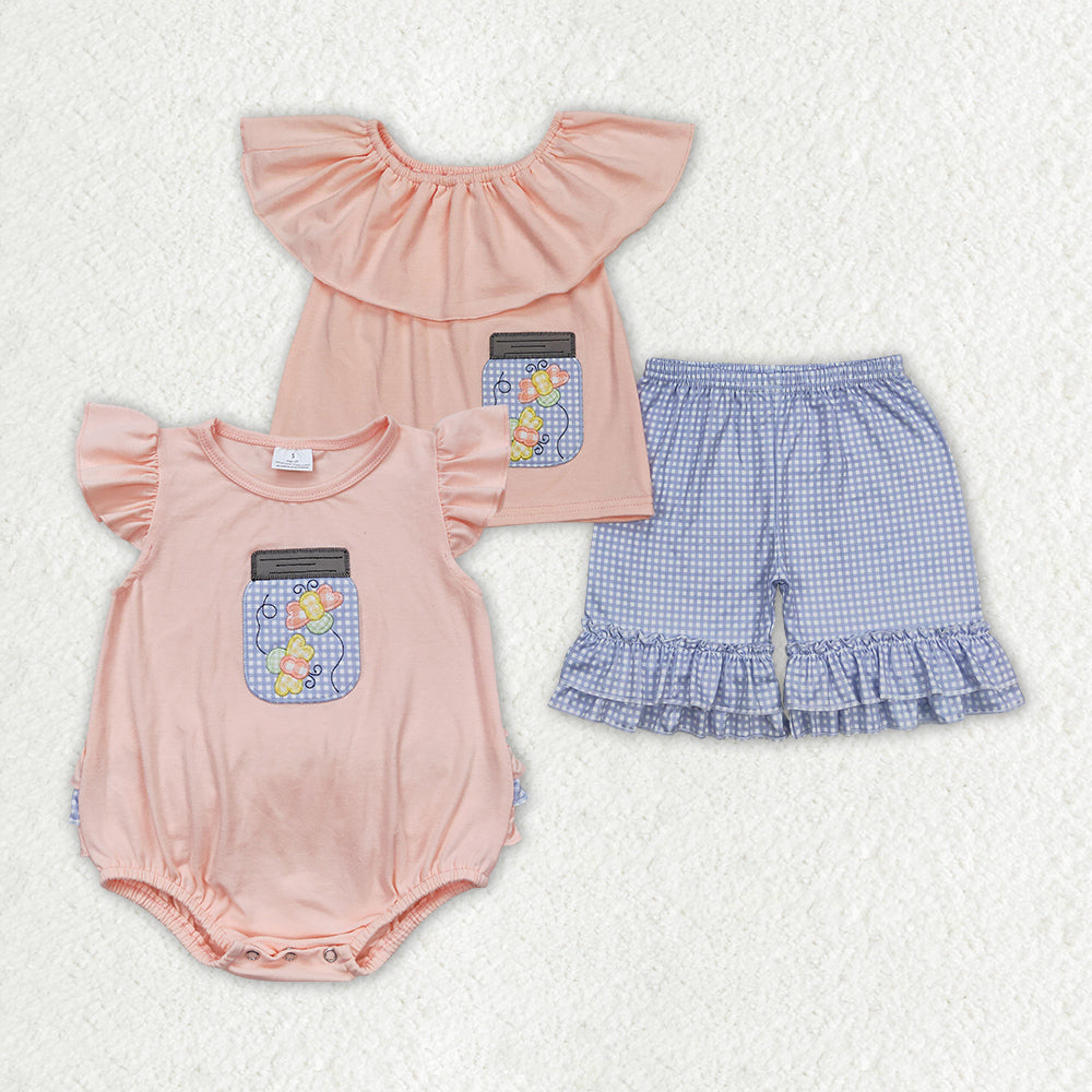 Baby Girl Embroidery Honey Butterfly Sibling Romper Clothes Set RTS