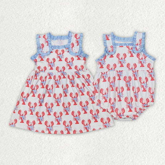 Baby Girl Sleeveless Crawfish Bows Sibling 4th Of July Romper Dress RTS