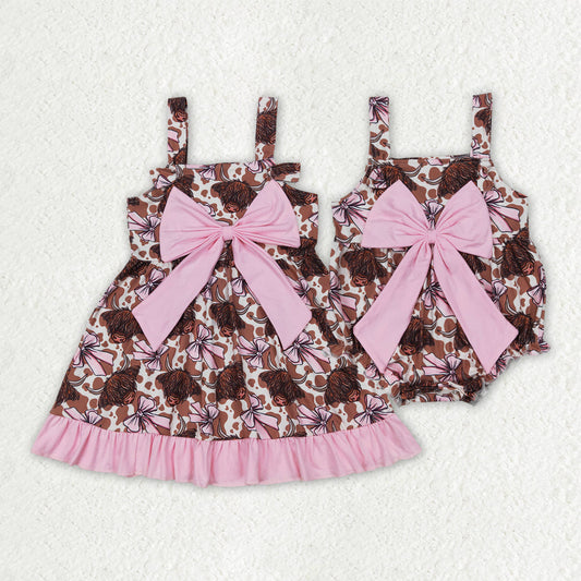 Baby Girl Straps Western Pink Bows Cows Sibling Romper Dress RTS