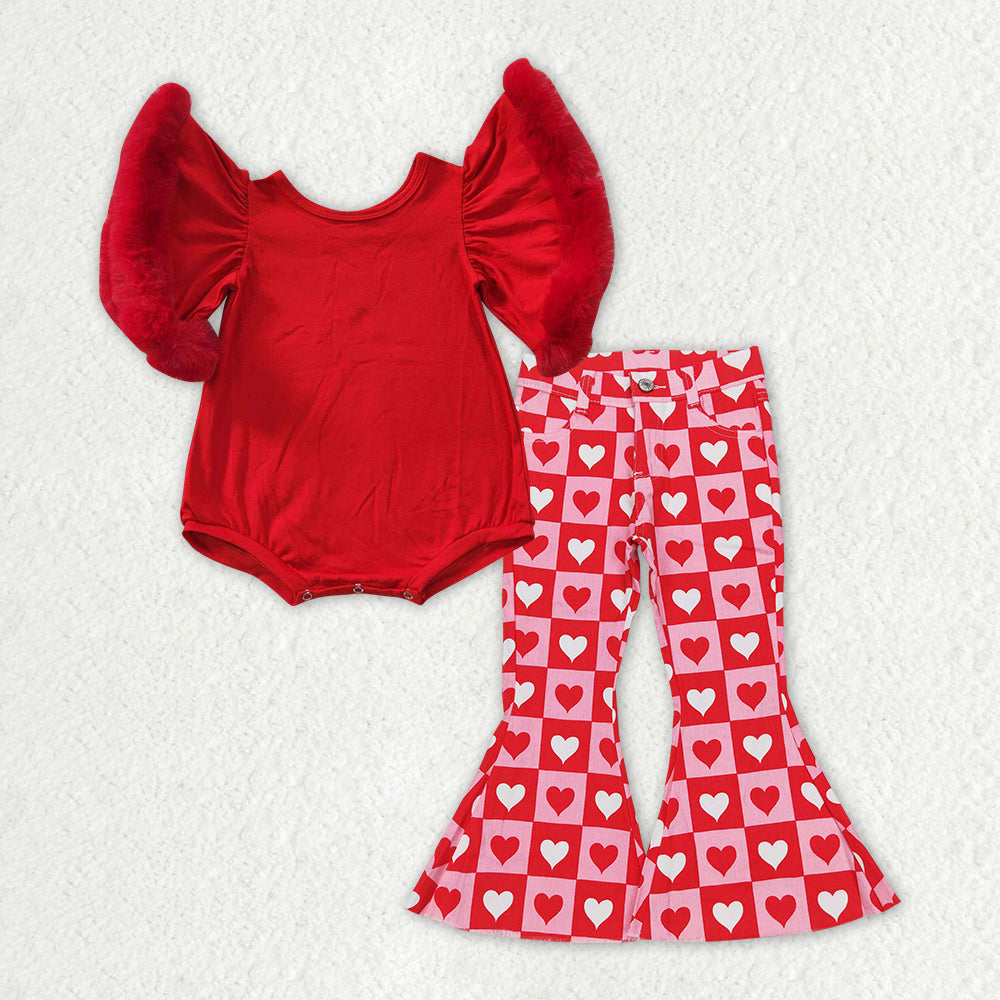 Baby Girl Short Sleeves Red Velvet Hearts Denim Pants Clothes Valentines Set