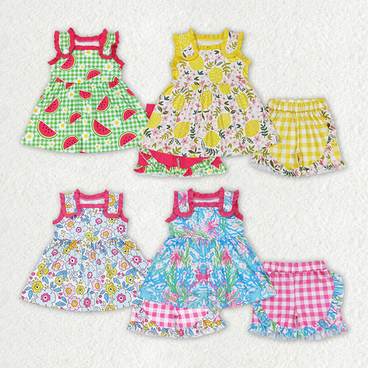 Baby Girl Sleeveless Flower Watermelon Lemons Sibling Clothes Set RTS