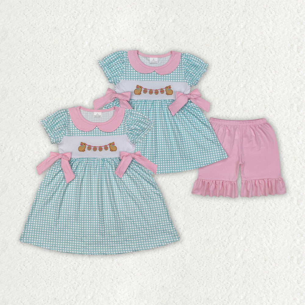 Baby Girl Short Sleeves Embroidery Easter Rabbits Eggs Sibling Dress Set Clothes RTS