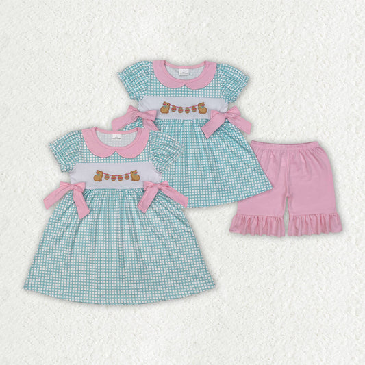 Baby Girl Short Sleeves Embroidery Easter Rabbits Eggs Sibling Dress Set Clothes RTS