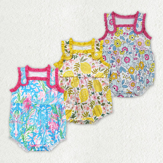 Baby Girl Sleeveless Flower Lemons Sibling Summer Bubble Romper RTS