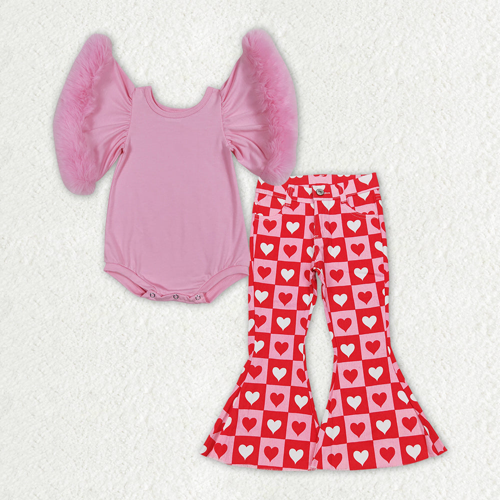 Baby Girl Short Sleeves Pink Velvet Hearts Denim Pants Clothes Valentines Set