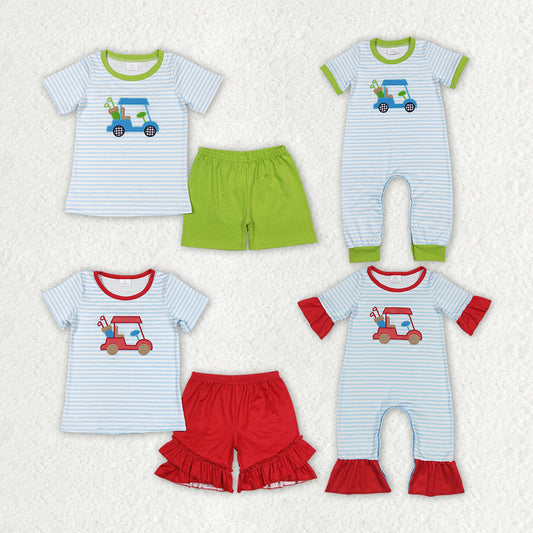 Baby Boy Girl Short Sleeves Embroidery Golf Summer Sibling Romper Clothes Set