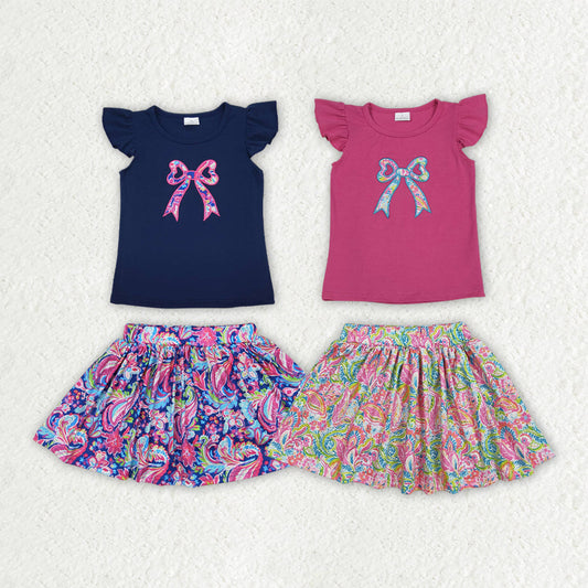 Baby Girl Short Sleeves Embroidery Bows Flower Skort Sibling Clothes Set RTS