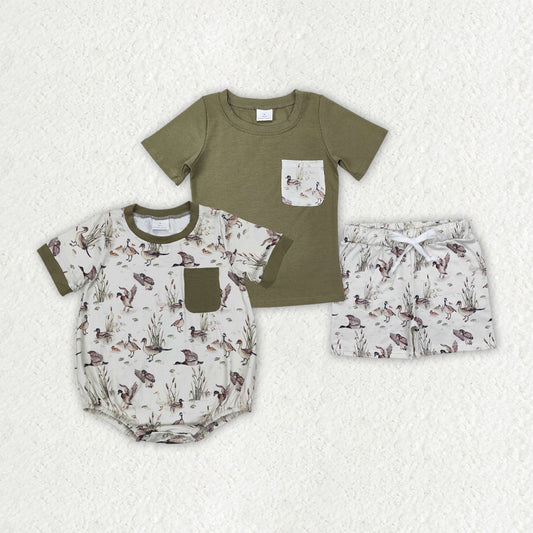 Baby Boy Short Sleeves Ducks Sibling Hunting Romper Outfit RTS