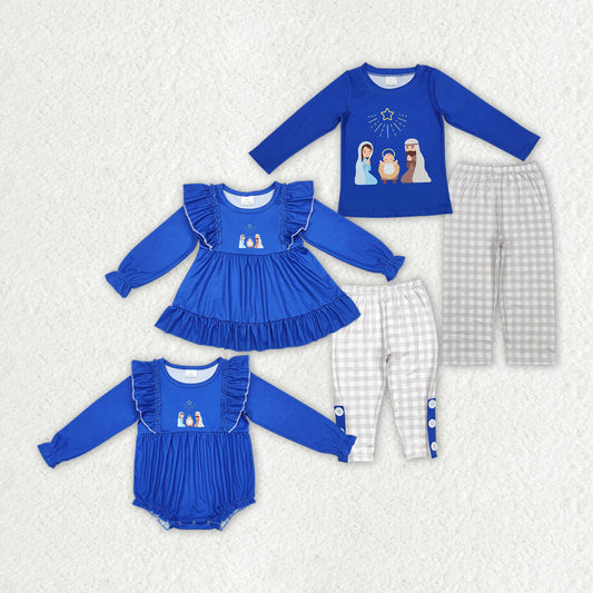 Baby Boy Girl Long Sleeves Blue Christmas Nativity Sibling Romper Clothes Set