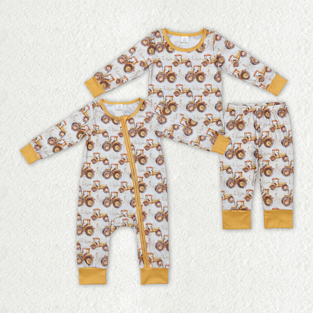 Baby Boy Long Sleeves Farm Trucks Bamboo Sibling Brother Romper Pajamas Set
