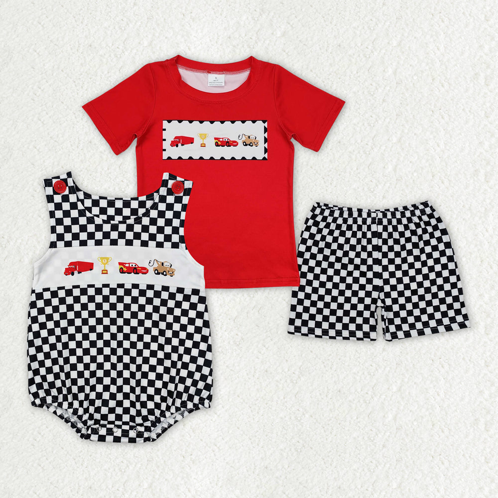 Baby Boy Cars Checked Sibling Romper Clothes Set