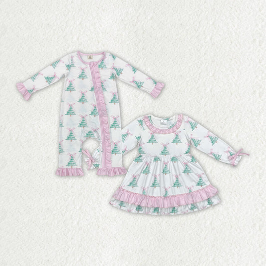 Baby Girl Long Sleeves Christmas Tree Pink Bows Sibling Romper Dress