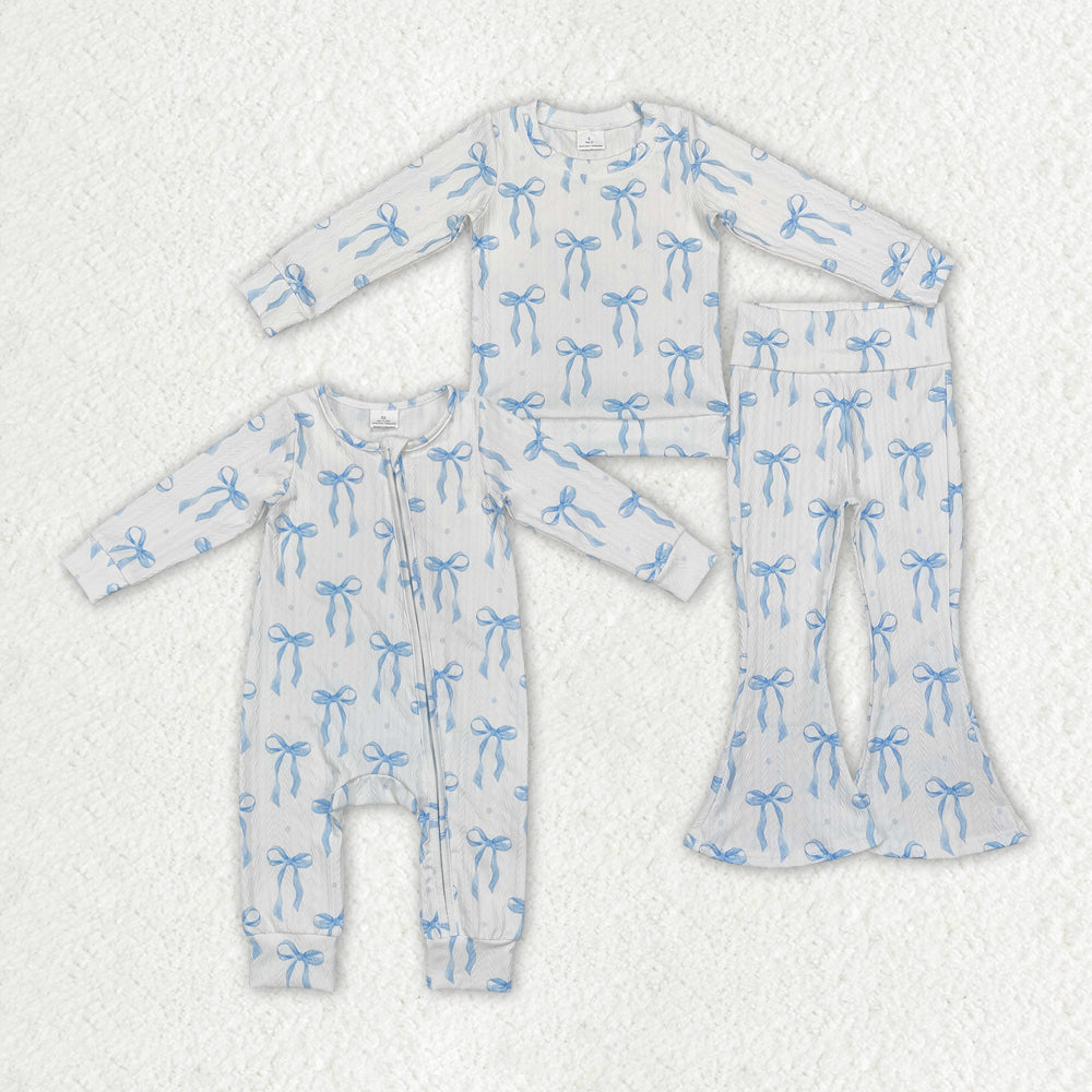 Baby Girl Long Sleeves Blue Bows Sibling Romper Pajamas Set