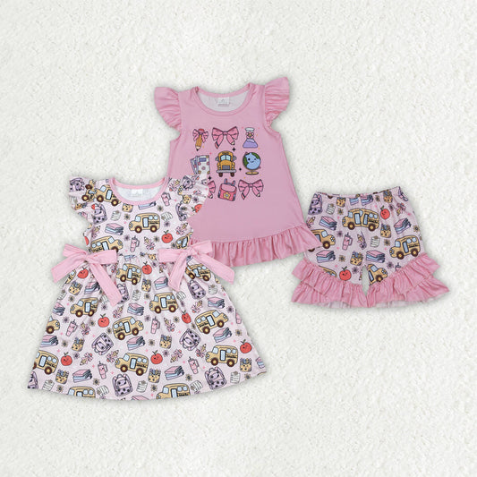 Baby Girl Short Sleeves Bus Bows Back To School Sibling Pink Dress Outfit Clothes RTS