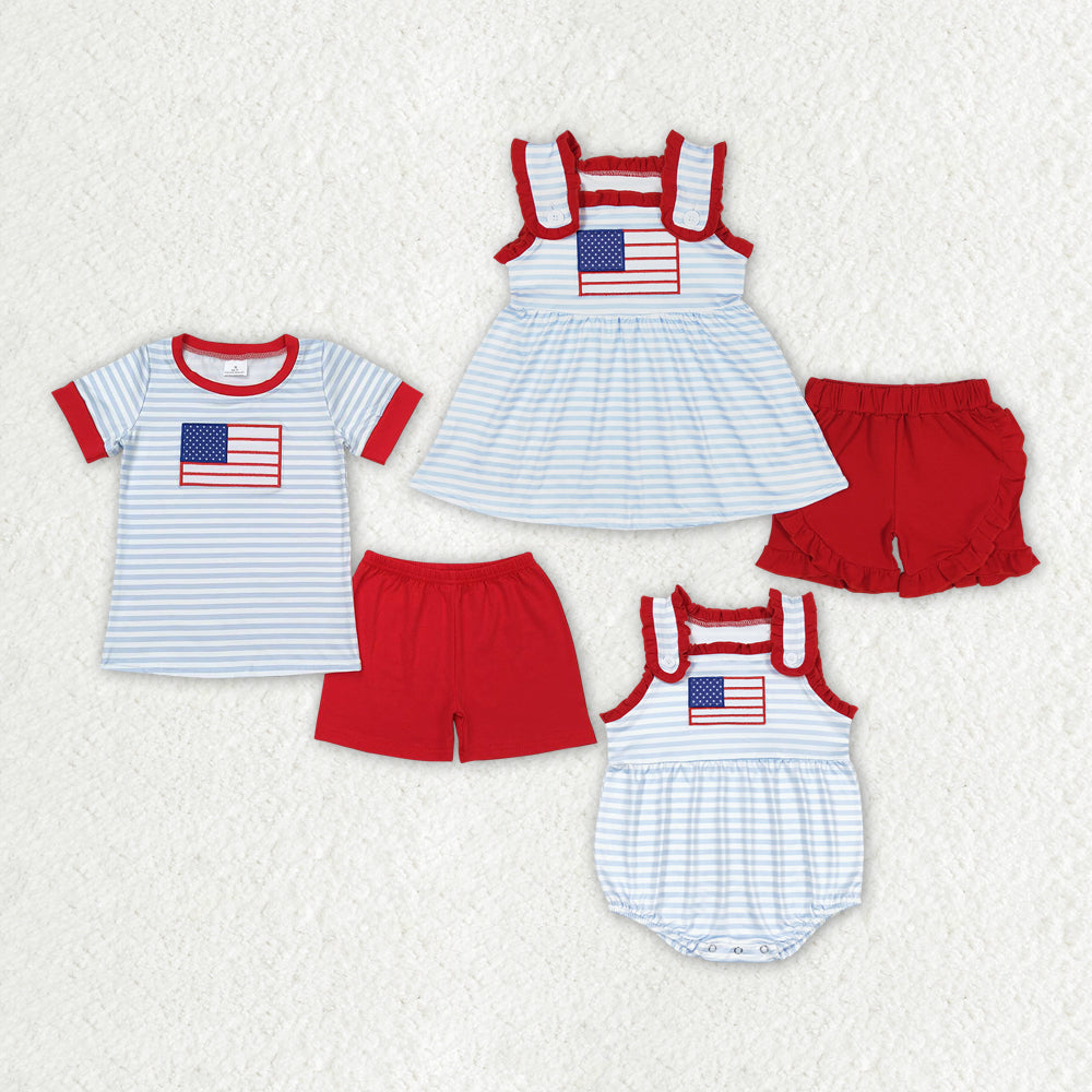 Baby Boy Girl Embroidery Flag July 4th Sibling Romper Clothes Set