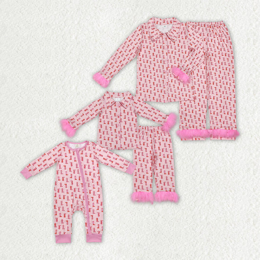 Mommy and Me Baby Girl Western Boots Fur Sibling Family Pink Romper Pajamas Set