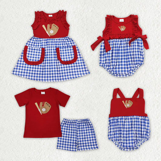 Baby Boy Girl Embroidery Baseball Sibling Romper Dress Clothes Set