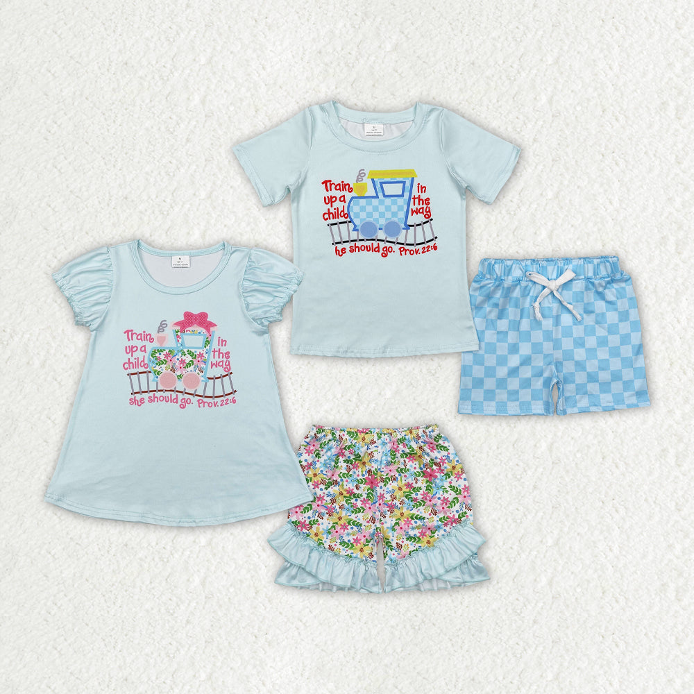 Baby Boy Girl Short Sleeves Train Shirt Shorts Sibling Clothes Set
