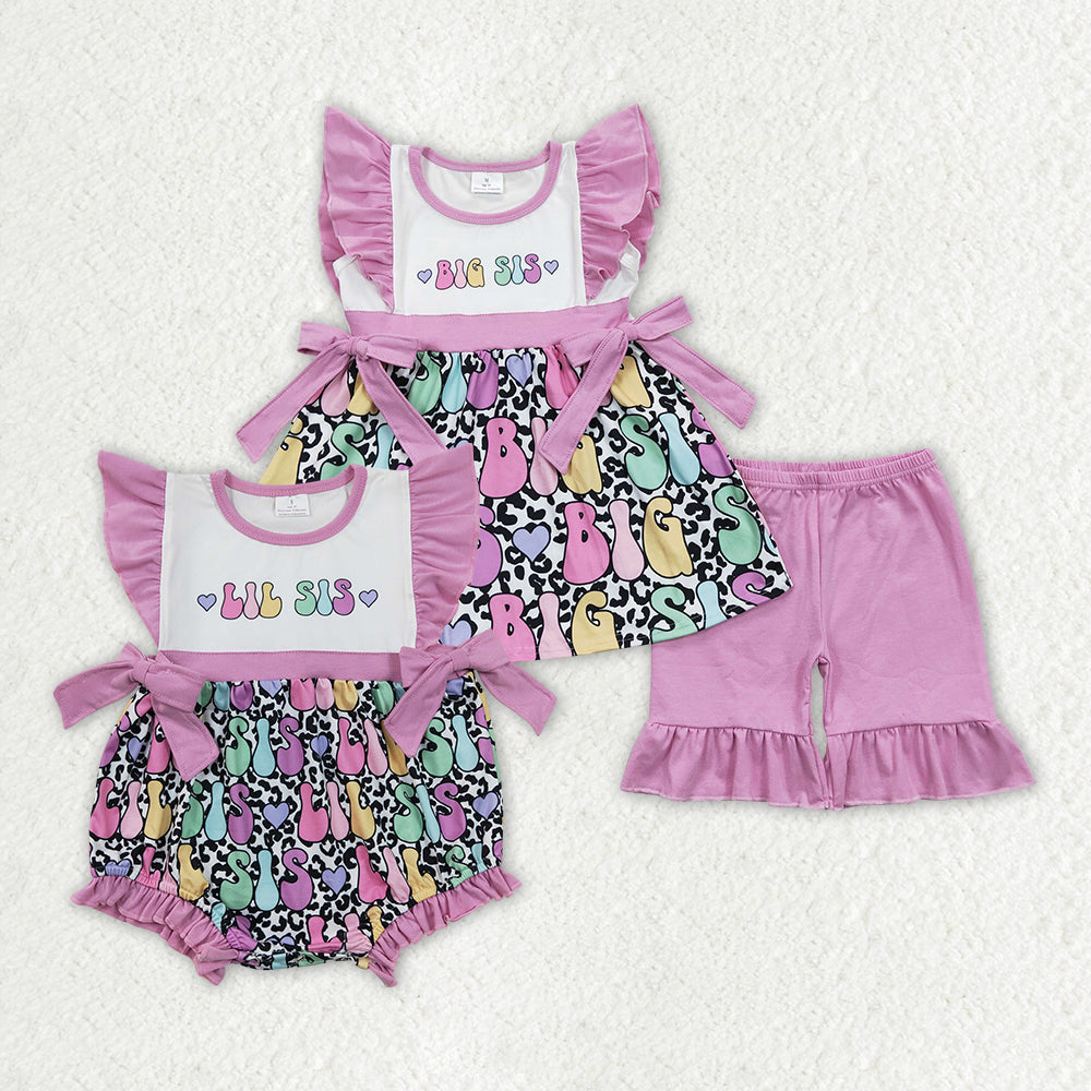 Baby Girl Short Sleeves Big Little Sister Purple Bows Sibling Romper Clothes Set RTS