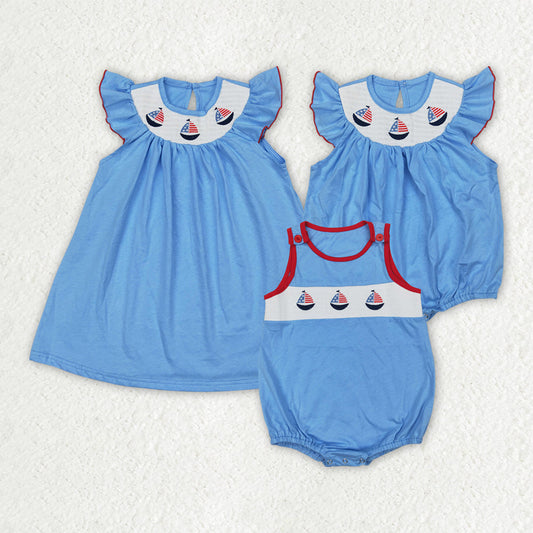 Baby Boy Girl 4th Of July Embroidery Boats Sibling Smocked Romper Dress RTS