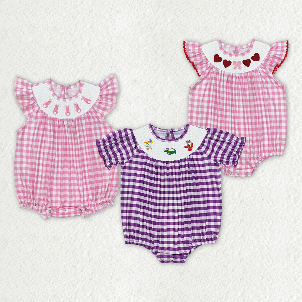 Baby Girl Infant Short Sleeves Checkered Smocked Sibling Holiday Bubble Romper