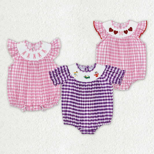 Baby Girl Infant Short Sleeves Checkered Smocked Sibling Holiday Bubble Romper