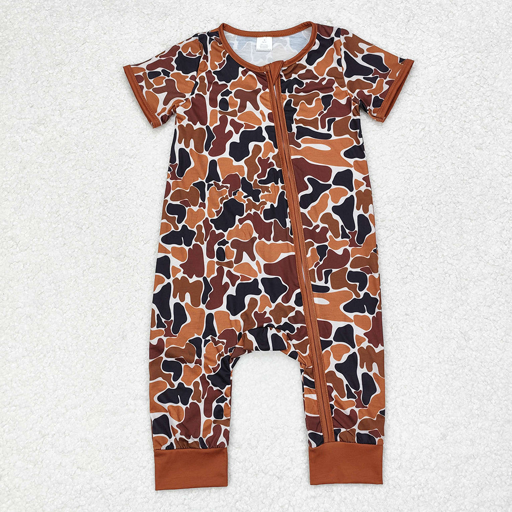 Baby Boy Brown Camo Bamboo Sibling Romper Pajamas Set