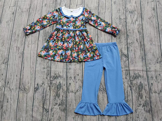 ( Moq 5 ) Girls Kids Long Sleeves Flower Tunic Blue Cotton Pants Set