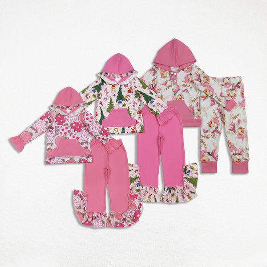 Sibling Baby Girls Pink Lights Grin Plaid Pocket Hoodies Ruffle Bell Pants Christmas Clothes Sets