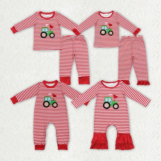 Baby Boy Girl Long Sleeves Embroidery Valentines Tractor Hearts Sibling Romper Pajamas Clothes Set