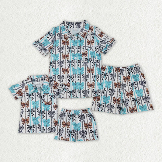 Baby Girl Adult Women Western Bows Buttons Sibling Mommy and me Family Pajamas Set RTS