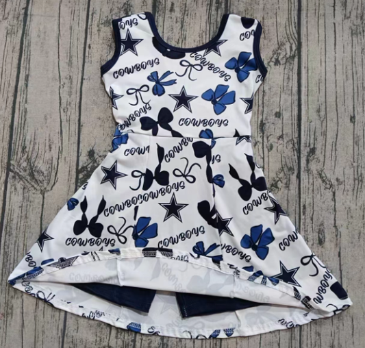 ( Moq 5 ) Girls Kids Sleeveless Team Bows Stars Cowboy Blue Shorts Dress