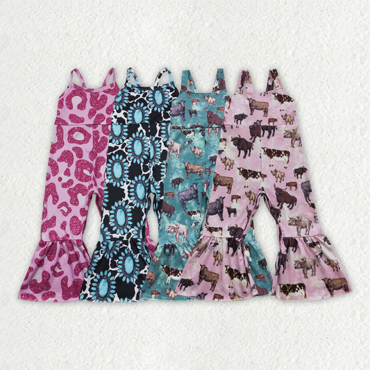 Baby Girl Toddler Straps Western Cow Print Leopard Sibling Jumpsuit RTS