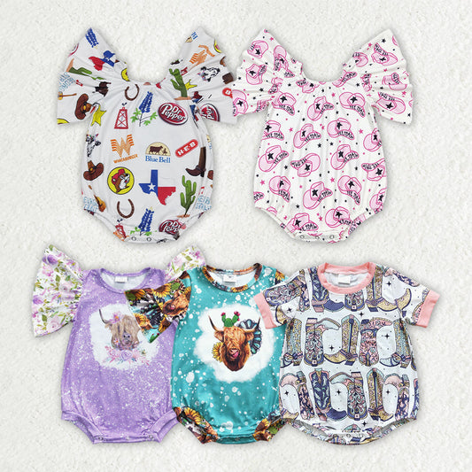 Baby Girl Short Sleeves Western Cow Boots Sibling Romper RTS