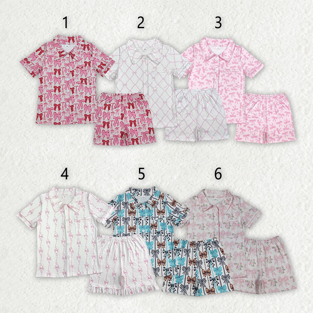 Adult Women Short Sleeves Bows Pocket Buttons Shirt Shorts Pajamas Set RTS