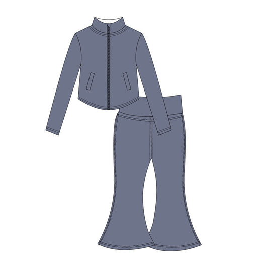 ( Moq 10 ) Baby Girl Gray Long Sleeves Pockets Zipper Tops Bell Bottom Pants Activity Wear Yoga Set
