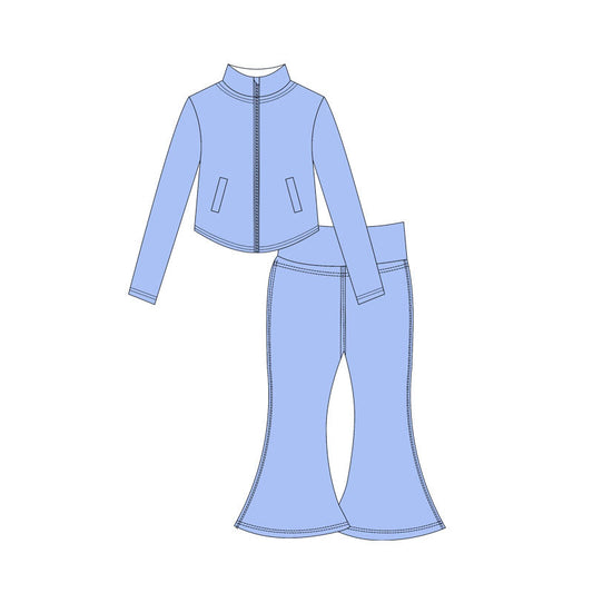 ( Moq 10 ) Baby Girl Sky Blue Long Sleeves Pockets Zipper Tops Bell Bottom Pants Activity Wear Yoga Set