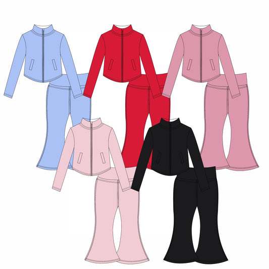 ( moq 10 ) Baby Girl Long Sleeves Pockets Zipper Tops Bell Bottom Pants Activity Wear Yoga Set