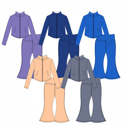 ( Moq 10 ) Baby Girl Long Sleeves Pockets Zipper Tops Bell Bottom Pants Activity Wear Yoga Set