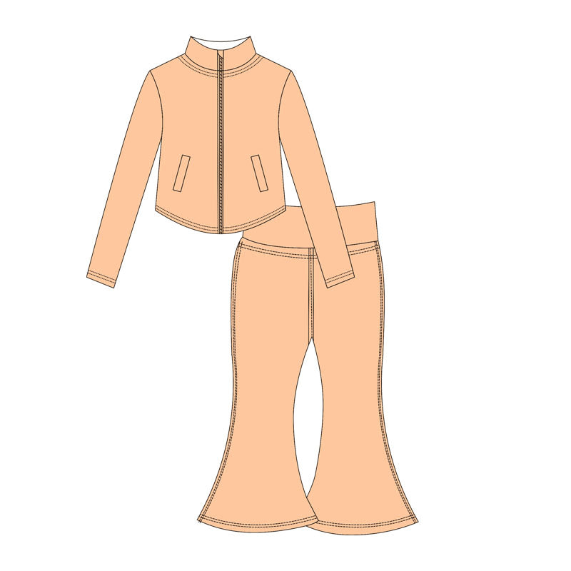 ( Moq 10 ) Baby Girl Khaki Long Sleeves Pockets Zipper Tops Bell Bottom Pants Activity Wear Yoga Set