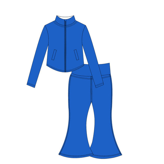 ( Moq 10 ) Baby Girl Blue Long Sleeves Pockets Zipper Tops Bell Bottom Pants Activity Wear Yoga Set