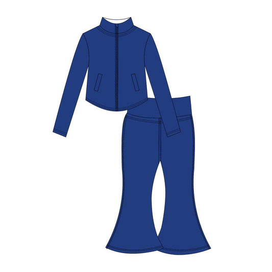 ( Moq 10 ) Baby Girl Blue Long Sleeves Pockets Zipper Tops Bell Bottom Pants Activity Wear Yoga Set