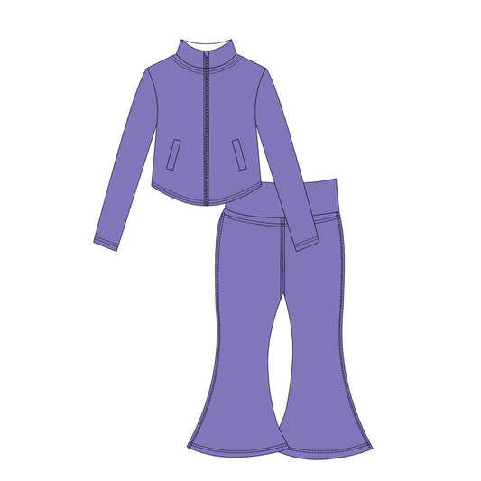 ( Moq 10 ) Baby Girl Purple Long Sleeves Pockets Zipper Tops Bell Bottom Pants Activity Wear Yoga Set