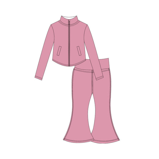 ( Moq 10 ) Baby Girl Pink Long Sleeves Pockets Zipper Tops Bell Bottom Pants Activity Wear Yoga Set
