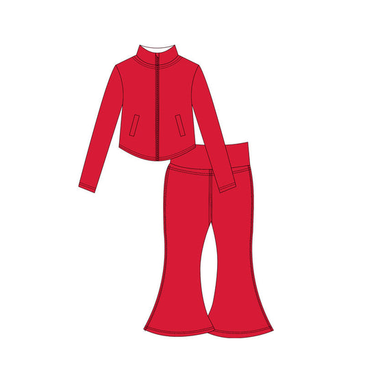 ( Moq 10 ) Baby Girl Red Long Sleeves Pockets Zipper Tops Bell Bottom Pants Activity Wear Yoga Set