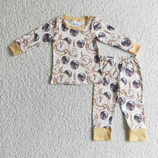 BLP0101 Baby boy Clock print long sleeves Kids Happy New Year Outfit pajamas
