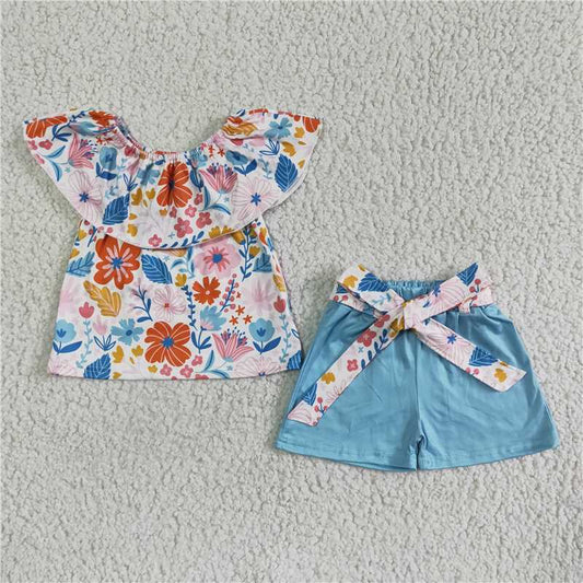 GSSO0099 Baby Girl Summer Green Flower Belt Shorts Outfit