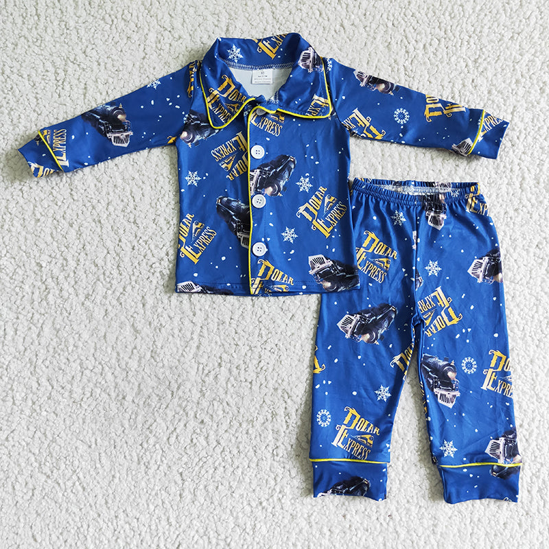 Baby Boy Long Sleeves Christmas Trains Shirt Blue Pants Pajamas Set
